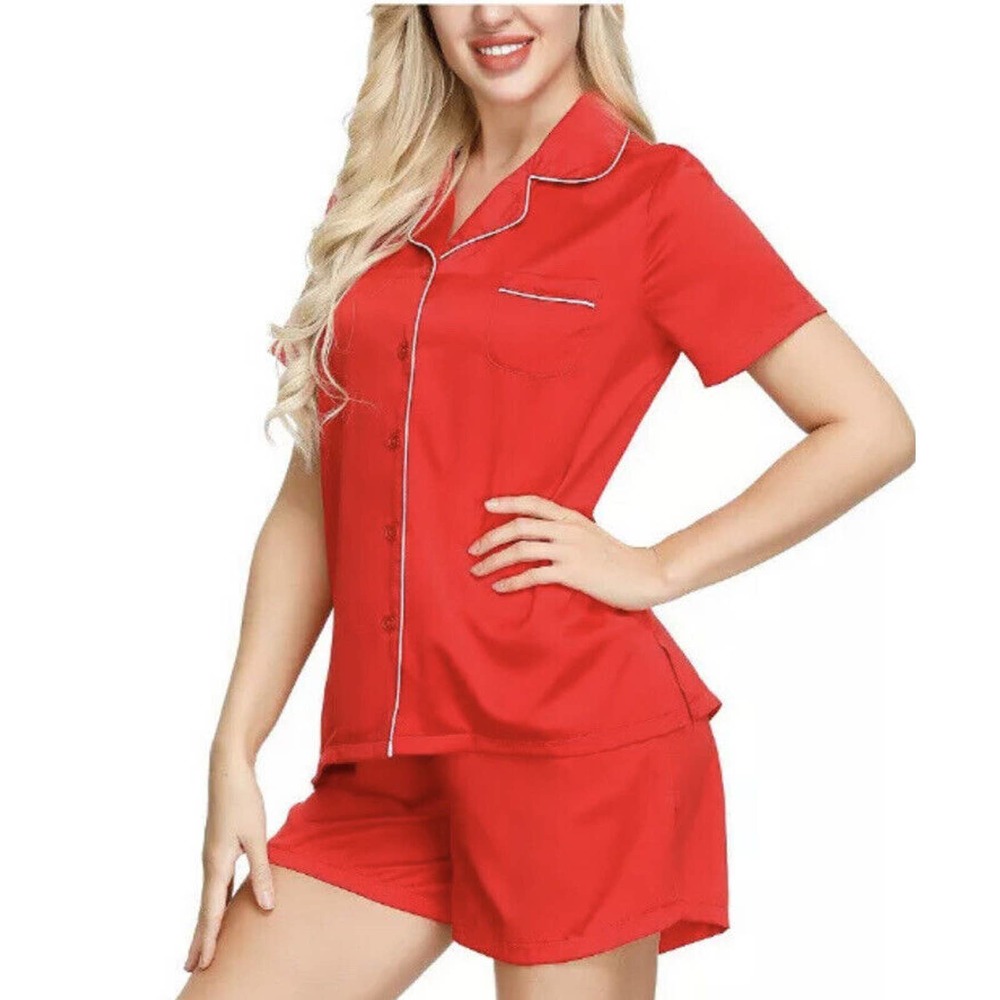 INK+IVY Womens Medium Short Sleeve Satin Notch Pajama Top Short Set Red New